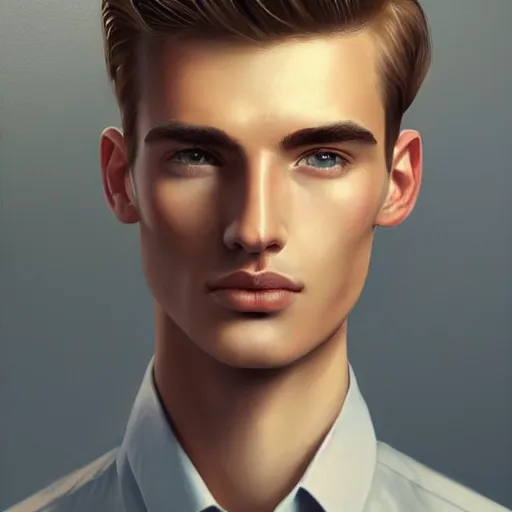 Image similar to tall man in his twenties with brown blond short quiff hair and thin slightly round facial structure with cleft chin, straight eyebrows and prominent nose, good definition of cheekbones, big hazel nut brown eyes, narrow face, slim body, atmospheric lighting, painted, intricate, 4 k, highly detailed by charlie bowater