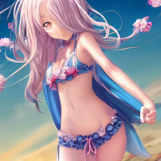Image similar to a very beautiful young anime flower girl, full body, long wavy blond hair, sky blue eyes, full round face,, bikini, miniskirt, front view, mid - shot, highly detailed, cinematic wallpaper by stanley artgerm lau