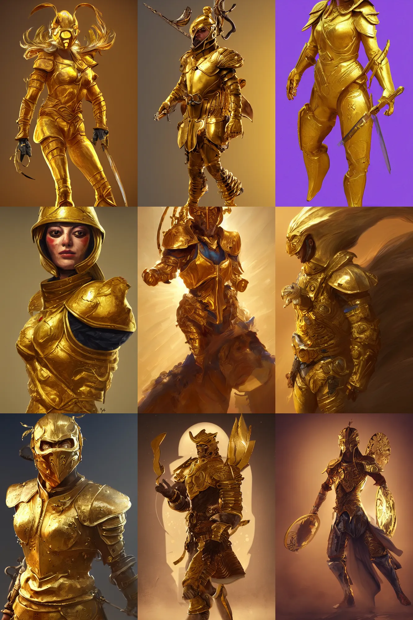 Prompt: Golden warrior as painted by Marieke Nelissen, HD, hyper-fidelity, ray tracing, god rays, digital art, trending on artstation, artstationHD, artstationHQ, 4k, 8k