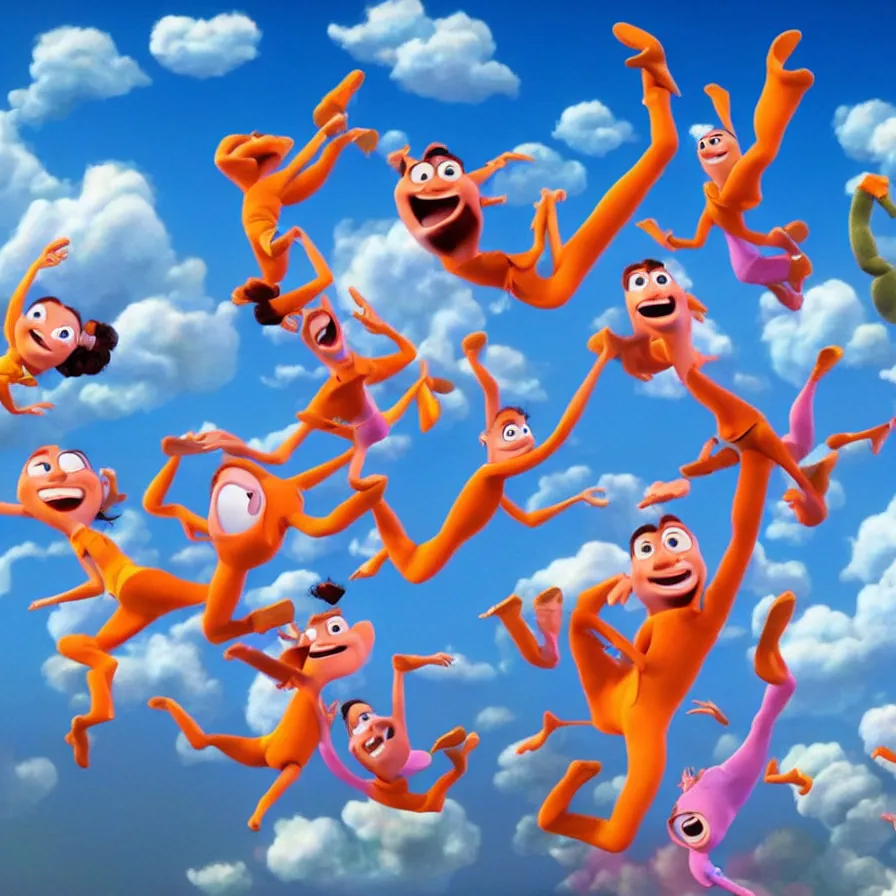 Prompt: full body shot of dancers dancing on the clouds, 3 d animated pixar illumination studios animated movie by pete docter, extremely joyful and eerie smiles, slimy fluid liquid