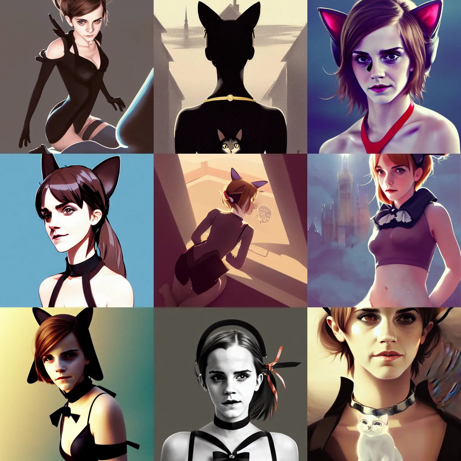 Prompt: attractive Emma Watson as cat girl wearing collar , kneeling , cat ears , collar , hourglass slim figure , close up , view from above , seductive smile , kneeling and looking up , details, sharp focus , illustration , by Jordan Grimmer and greg rutkowski , robert mapplethorpe , Trending artstation , pixiv , digital Art