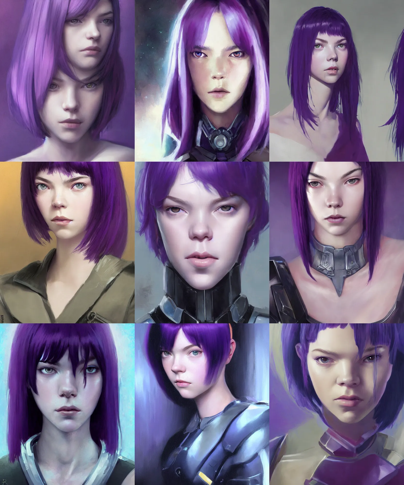 Prompt: digital art painting of a young woman similar to anya taylor - joy as motoko kusanagi, bob cut, purple hair, in a futuristic police costume dnd portrait painted by craig mullins and gaston bussiere and greg rutkowski, symmetrical face, defined facial features, symmetrical facial features, dramatic lighting, medium close up
