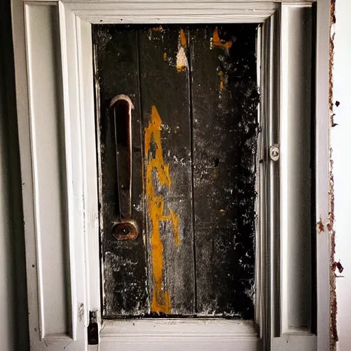 Image similar to a scary painting of a door in an moldy dusty frame