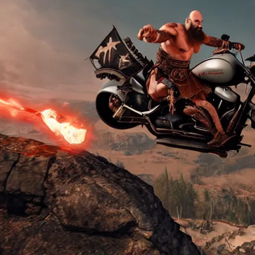 Image similar to kratos, with leviathan axe, jumping a black harley - davidson motorcycle off a cliff, cinematic render, playstation studios official media, god of war 2 0 1 8