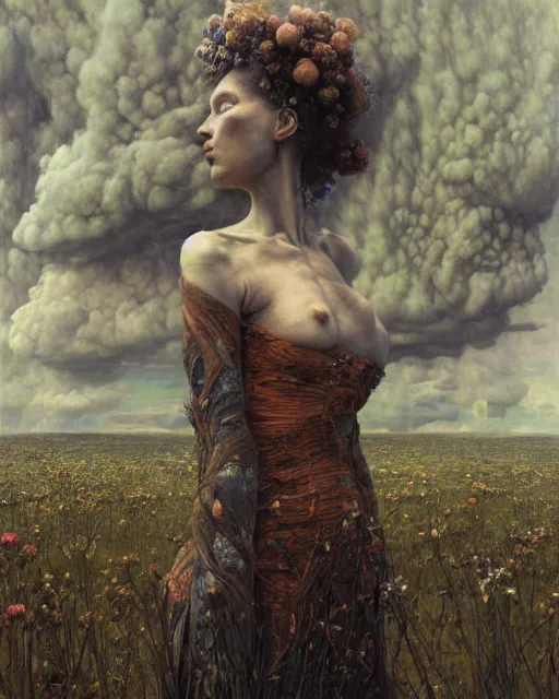 Image similar to A portrait of a woman wearing clothes made out of thunder clouds and flowers, apocalypse, nuclear explosion in the background, spiky skin, Masterpiece, glowing, wires everywhere, by Edgar Maxence and Ross Tran, Zdzisław Beksiński, and Michael Whelan, distant, gustav dore, H.R. Giger, 8k, octane render