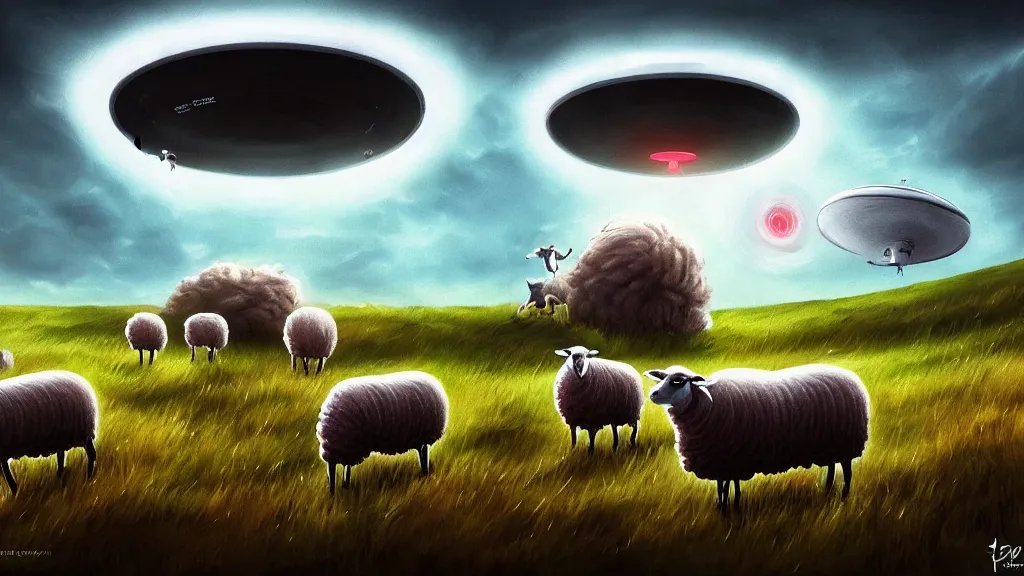 Image similar to sheep in a field being abducted by a ufo!, horror cartoon, hyper energy, punk aesthetic, highly detailed, digital painting, artstation, concept art, sharp focus, illustration,