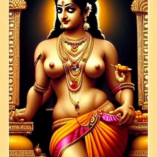 Prompt: seductive lakshmi, laxmi Indian Goddess in a sensual pose, sci-fi, fantasy, intricate, beautiful, elegant, attractive, indian goddess of wealth, highly detailed, digital painting, artstation, masterpiece, concept art, smooth, sharp focus, art by artgerm, hajime sorayama, William-Adolphe Bouguereau and greg rutkowski