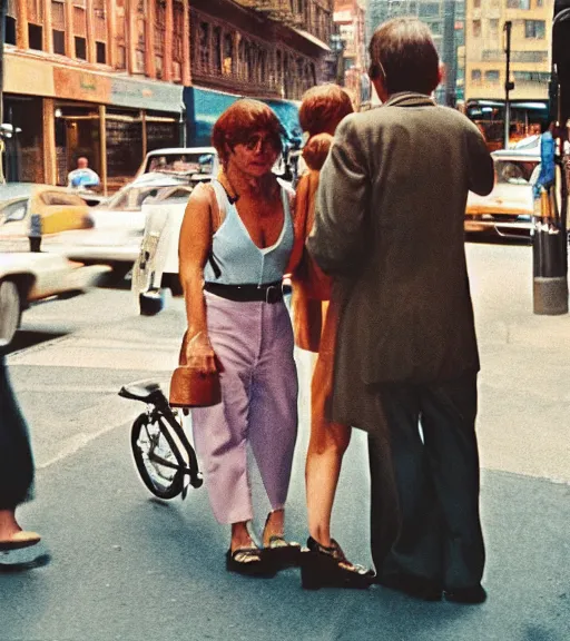 Image similar to close-up color film photography, Manhattan street life in 1970s, soft light, 35mm, film photo, Joel Meyerowitz