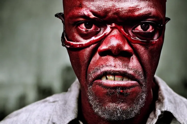 Image similar to samuel l. jackson as a zombie, blood, decay, cinematic lighting, portrait, medium shot, horror movie still