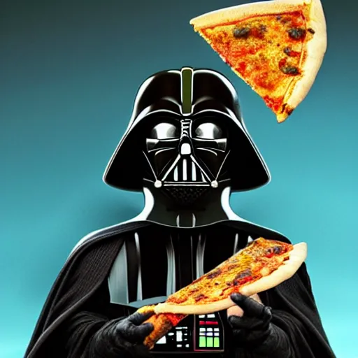 Image similar to gold bordered portrait of darth vader holding a slice of pizza, hyper realistic, surreal, gothic, cyberpunk, nightcore, 4 k, highly detailed, beautifully rendered