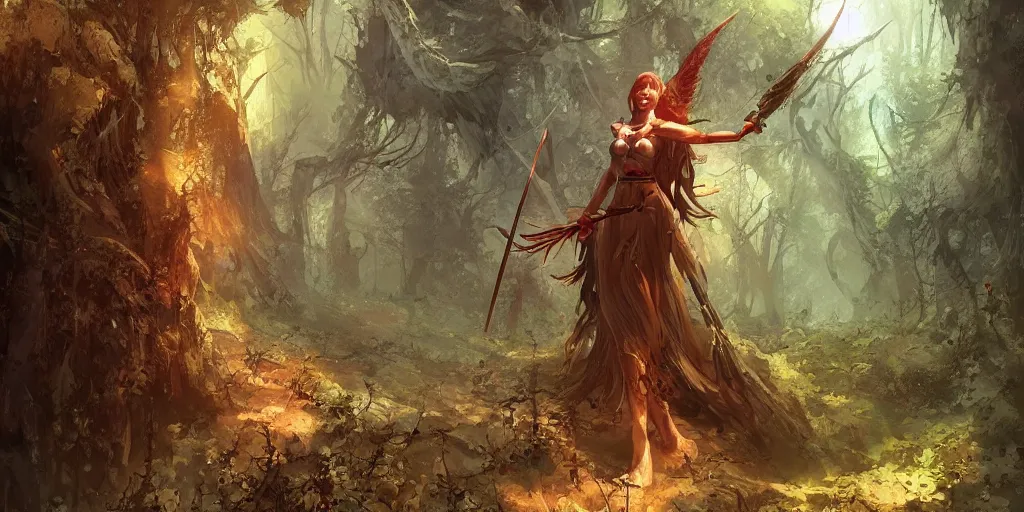 Image similar to a female angel warrior reigns on a magical forest, marc simonetti, detailed, artstation