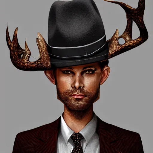 Image similar to a upper body portrait of a deer lord in a pinstriped suit and pants wearing a fedora with the antlers sticking out of the fedora by artgerm and wlop, intricate detail, digital art, photorealistic, trending on artstation