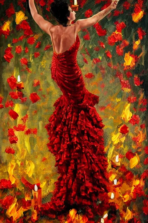 Image similar to abstract oil painting of spanish flamenco dancer in mallorca wearing a red dress made of flowers that's on fire, dimly lit by candles on the ground, looking away, dark shadows, photo realistic, extreme detail skin, no filter, slr, 4 k, high definition