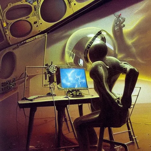 Prompt: an astronaut working on a 8 0 ’ s desktop computer in an old ornate art gallery. photorealistic. zdzisław beksinski, dariusz zawadzki, mariusz lewandowski highly detailed.