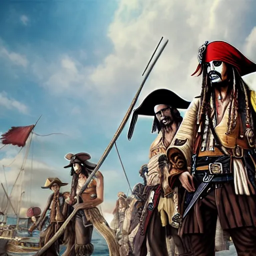 Image similar to the strawhat pirates facing off against jack sparrow, 4 k, matte painting