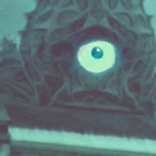 Image similar to low quality photo of the eye of cthulhu flying over a house