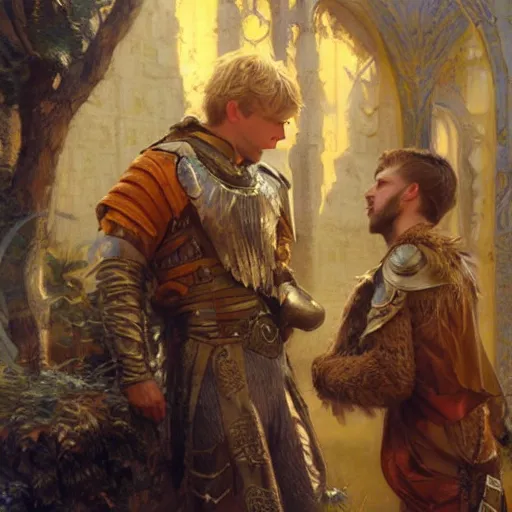 Image similar to attractive arthur pendragon confesses his love to attractive male merlin. highly detailed painting by gaston bussiere, craig mullins, j. c. leyendecker 8 k