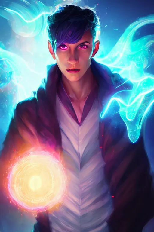 Image similar to a human elemental sorcerer, blurred environment background, colorful magic effects, white skin, portrait, male, clothed, sharp focus, digital art, concept art, trending on artstation, dynamic lighting, by emylie boivin and rossdraws