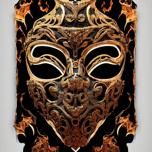 Image similar to an elaborate intricate mask made of flames on an obsidian slab, rendered in octane, behance hd, bokeh obsidian backdrop