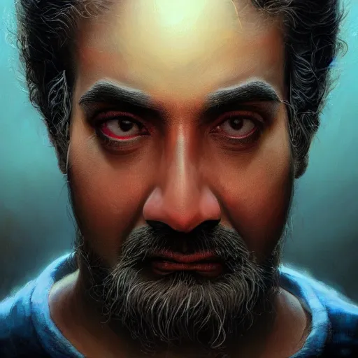 Prompt: hyperrealistic portrait of india creature, cinematic, complex, highly atmospheric lighting, backlight, uplight, dramatic, trending on artstation, highly detailed, ornate, claudio bravo, alex grey, greg rutkowski, in the style of marvel comics, artgerm, frank bairstow, james cameron, ridley scott