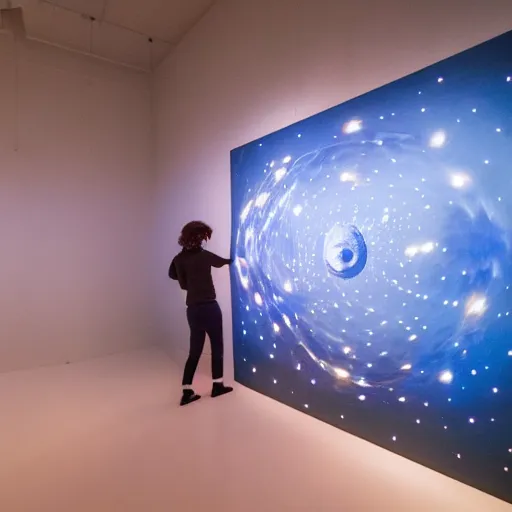 Prompt: Liminal space in outer space, interactive art exhibition