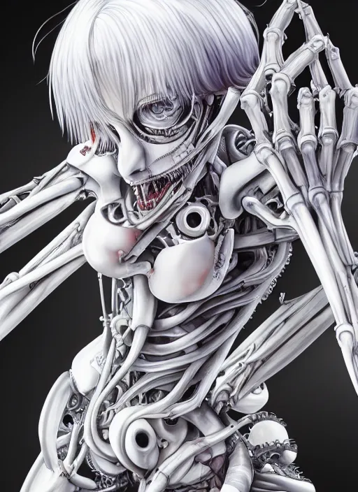 Image similar to Rei Ayanami by Yoshitaka Amano, by HR Giger, biomechanical hand, 4k, wide ayes, hyper detailed, hyperrealism, anime