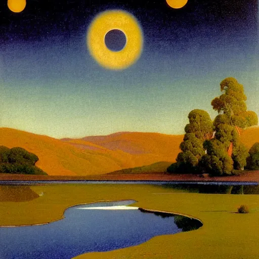 Image similar to night sky reflected in the water, landscape painting by maxfield - parrish