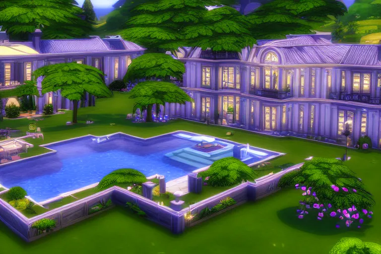 Prompt: sims 4 mansion, unlike anything on earth, photograph, beautiful, very rich, gilded, sophisticated lighting, serene pool, perfect garden, unfathomable, elegant, highly detailed, centered, fisheye, octane render, 8 k, in the style of the iain m banks