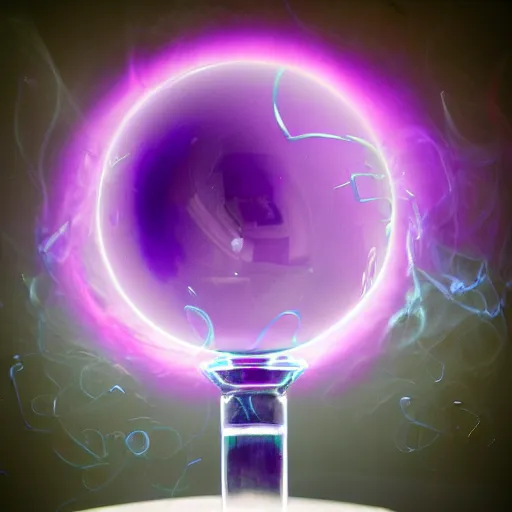Image similar to a purple crystal ball with magical neon smoke swirling inside of it, award winning photography, cinematic
