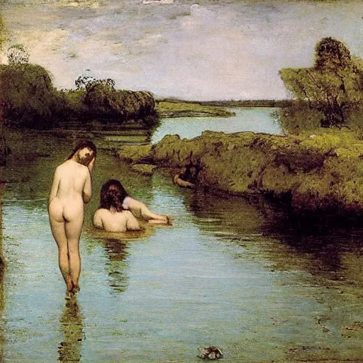 Prompt: “women bathing in a lake by gustave courbet”