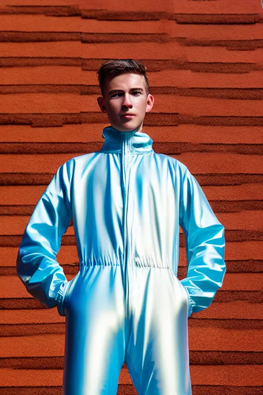 Image similar to un ultra high definition studio quality photographic art portrait of a young man standing on the rooftop of a british apartment building wearing soft baggy inflatable padded iridescent pearlescent jumpsuit. three point light. extremely detailed. golden ratio, ray tracing, volumetric light, shallow depth of field. set dressed.