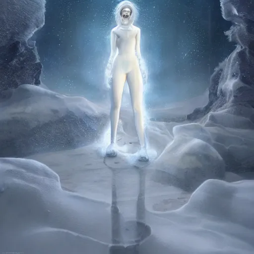 Image similar to a hyperrealistic illustration of a human in the Arctic, white long clothes, snow on the body, blue transparent ice with fractal sunlight, award-winning, masterpiece, in the style of Tom Bagshaw, Cedric Peyravernay, Peter Mohrbacher