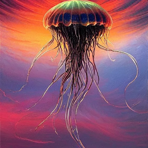 Image similar to baroque oil painting of a jellyfish flying through the sky!!! different realm, cinematic, dark fantasy, acrylic palette knife, high detail, hyper realism, 4 k resolution, 8 k resolution, full hd, neon, realistic painting by junji ito, laurie lipton and michael whelan