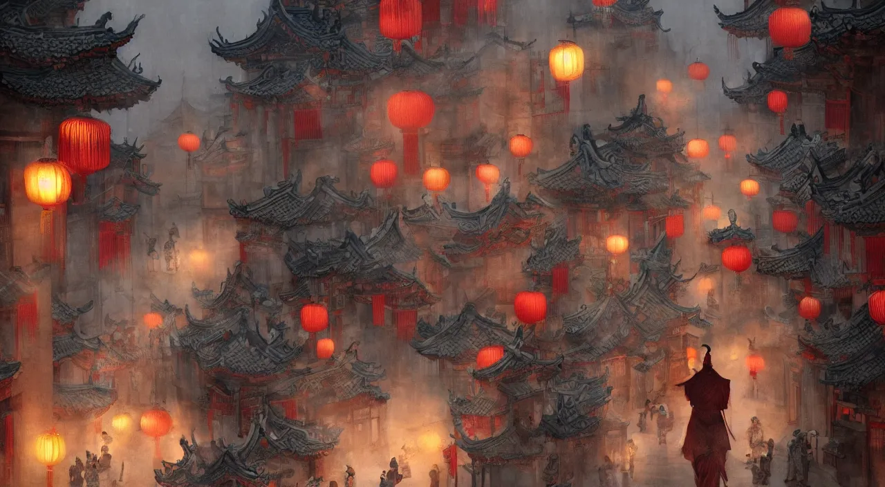 Prompt: on the night of the chinese new year's day, many chinese ghosts wander in the ancient chinese streets. the guiding line composition method, the tindal effect, the soft light, the cool color, by wu jinyuan, trending on artstation