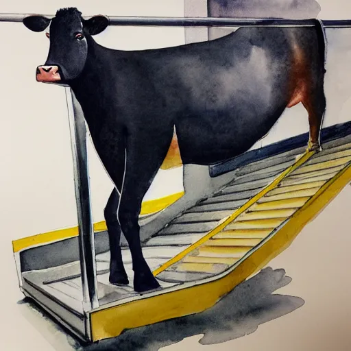 Prompt: watercolor painting of a cow on an escalator