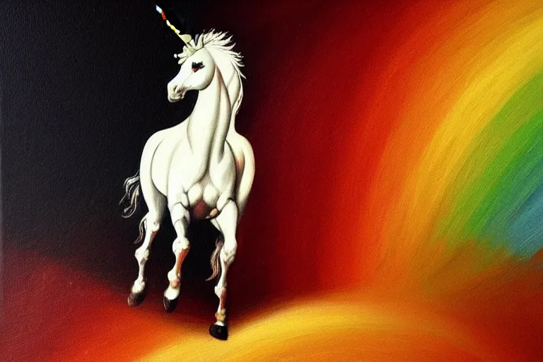 Image similar to detailed traditional painting of a unicorn walking on a rainbow, ((rainbow)) by Caravaggio, authentic, masterpiece, brush strokes, trending on artstation