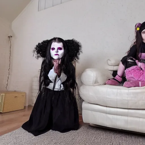 Image similar to 7-year-old goth girl, creepy girl in living room