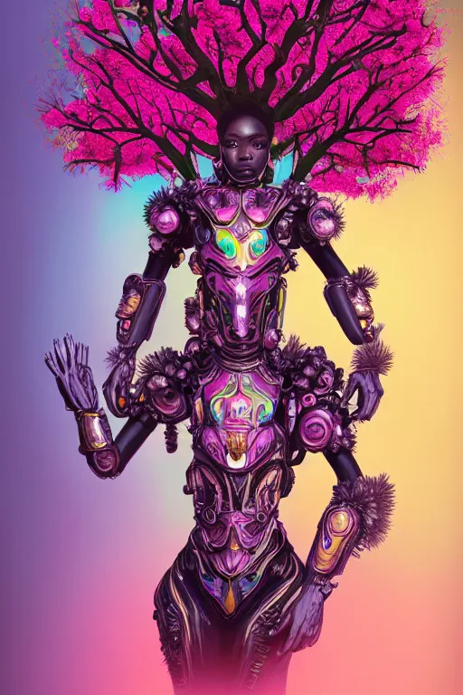 Prompt: illustration neo - baroque cinematic super expressive! yoruba goddess with exoskeleton armor, merging with tree in a forest, pink yellow flowers, highly detailed digital art masterpiece, smooth etienne sandorfi eric zener dramatic pearlescent soft teal light, ground angle uhd 8 k, sharp focus