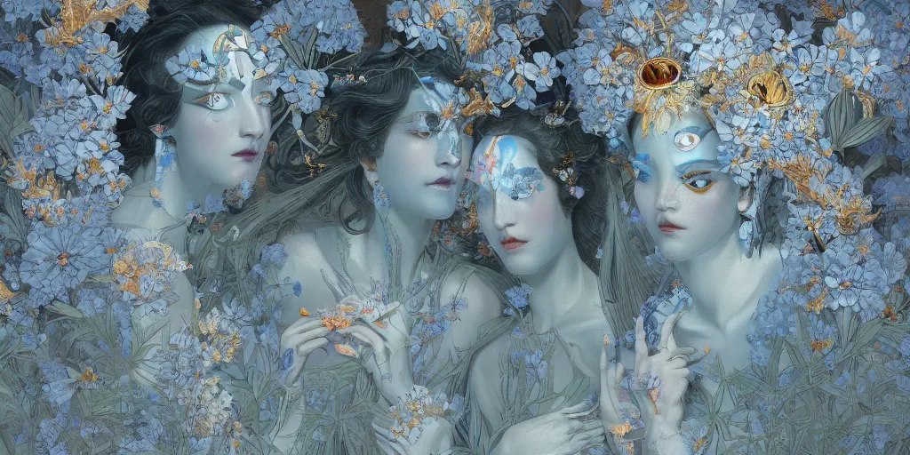 Image similar to breathtaking detailed concept art painting art deco pattern of faces goddesses amalmation light - blue flowers with anxious piercing eyes and blend of flowers and birds, by hsiao - ron cheng and john james audubon, bizarre compositions, exquisite detail, extremely moody lighting, 8 k