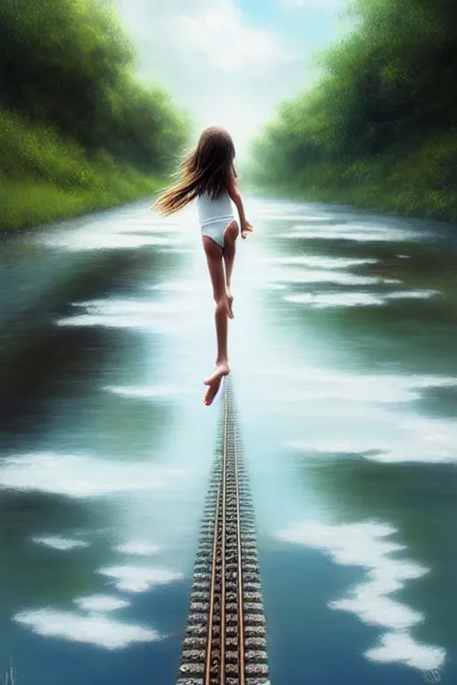 Image similar to a barefoot girl carries her shoes on reflective water and faintly visible submerged train tracks, water covers all the ground, large white clouds on a wide horizon, intricate, elegant, highly detailed, digital photo, artstation, concept art, smooth, sharp focus, low angle photo, art by artgerm and greg rutkowski and fra angelico