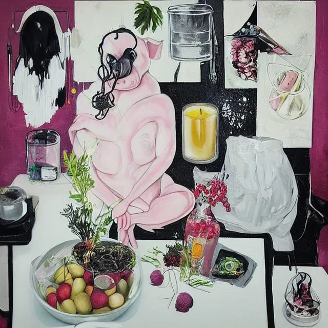 Image similar to “ a portrait in a female art student ’ s apartment, sensual, a pig theme, art supplies, surgical iv bag, octopus, ikebana, herbs, a candle dripping white wax, black walls, squashed berries, berry juice drips, acrylic and spray paint and oilstick on canvas, surrealism, neoexpressionism ”