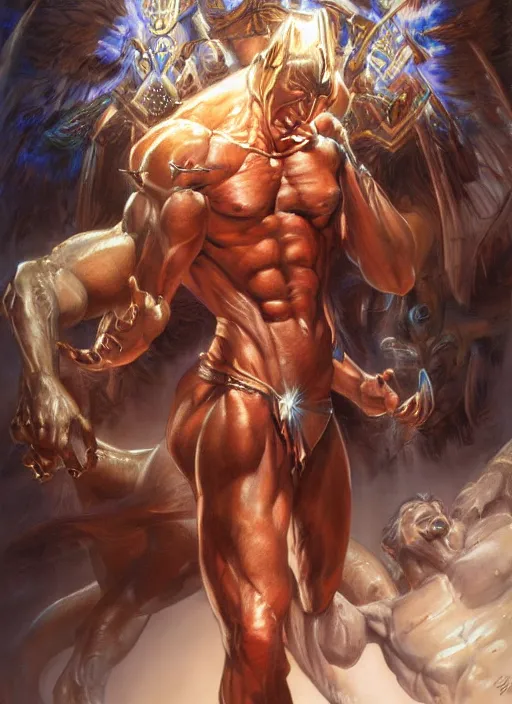 Image similar to a magical portrait of the god of power, art by boris vallejo and greg danton and denys tsiperko, detailed, hyperrealism, artstation