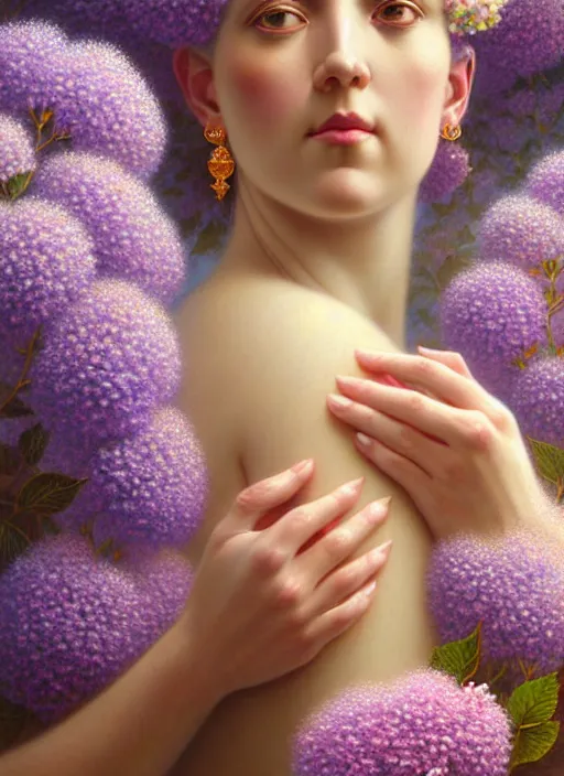 Image similar to a lilac hair beautiful goddess of light, colourful hydrangeas flowers, soft roses, and dried petals, painterly, emotionally evoking methaphoric, ornamental, intricate and elegant, highly detailed photorealistic painting, decorative lines, sharp focus, golden ratio, by tomasz alen kopera and john william godward,