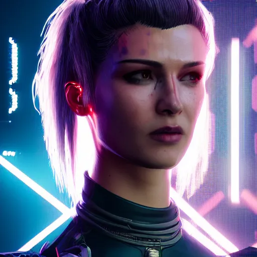 Image similar to female V from Cyberpunk 2077 wearing spiked black choker around neck, realistic, art, beautiful, 4K, HD, collar, technological,