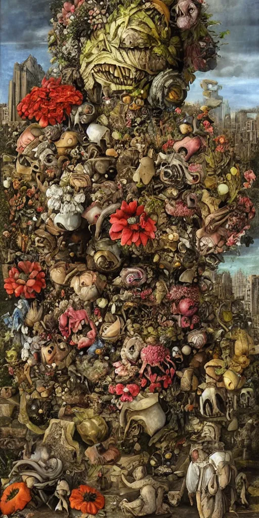 Prompt: giant grotesque flower in the middle of abandoned alien cityscape, ultradetailed by Giuseppe Arcimboldo and Passarotti and Josan Gonzalez
