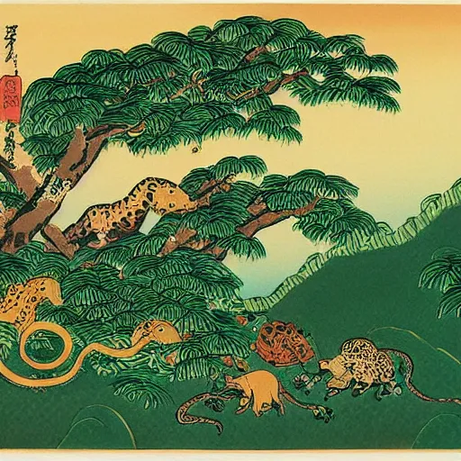 Prompt: painting of the jungle with jungle animals, great wave off kanagawa style,