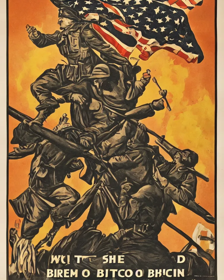 Image similar to Buy Bitcoin ww1 american propaganda poster, image of a Bitcoin coin on a ww1 american propaganda poster