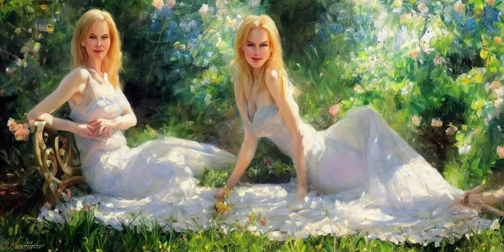 Prompt: portrait of nicole kidman in the garden, morning, highly detailed, ultrarealistic oil painting, vladimir volegov, artstation