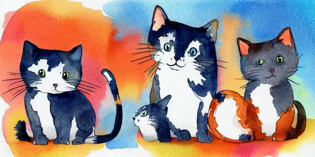 Image similar to watercolor illustration style, cute! cats!! training!