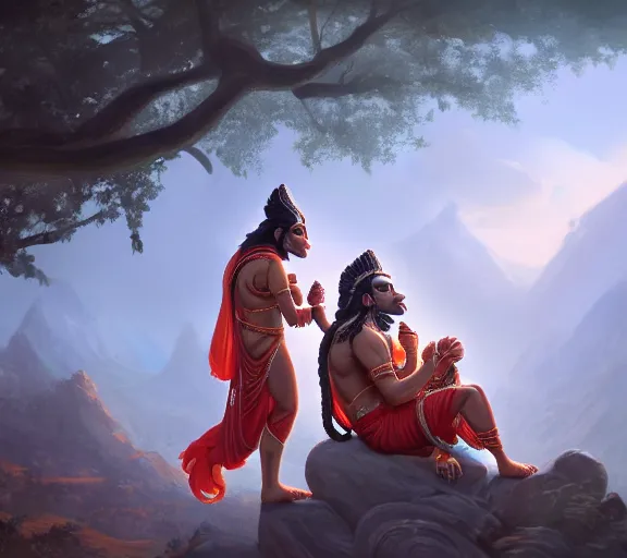 Image similar to a beautiful concept art of hindu god rama and hanuman in a serene landscape, octane, cinematic lighting, detailed, artstation